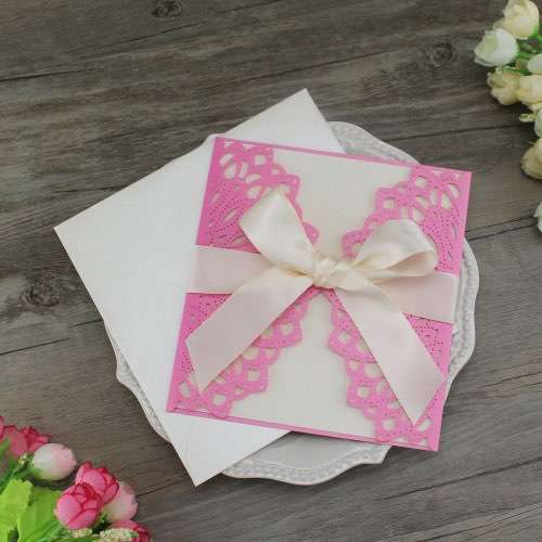 Laser Cut Invitation Card with Ribbon Bow Wedding Card Customized 